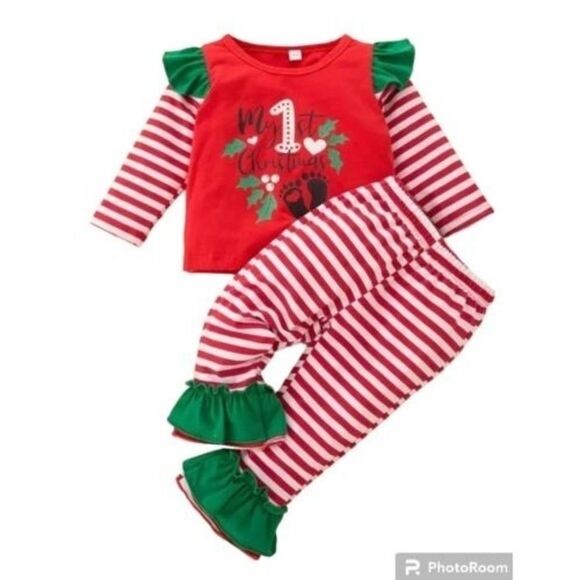 Other - Baby Girls First 1st Christmas Striped Ruffles Shirt & Pants Set (9-12 Months)